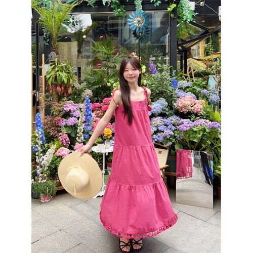 Magenta Vacation Style Flowy Spaghetti Strap Dress for Women 2025 Summer New Arrival Loose and Slimming Unique Long Dress