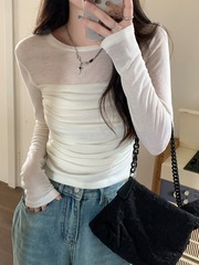 网纱长袖女装秋季设计感小众修身打底衫薄款t恤内搭紧身短款上衣