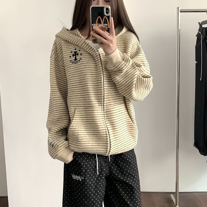 韩系早秋穿搭条纹开衫连帽卫衣外套女春秋季2025新款宽松长袖上衣|undefined