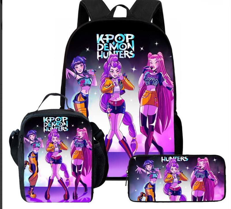 新品卡通印花猎魔女团学生书包K-POP双肩背包轻便休闲旅行三件套|undefined