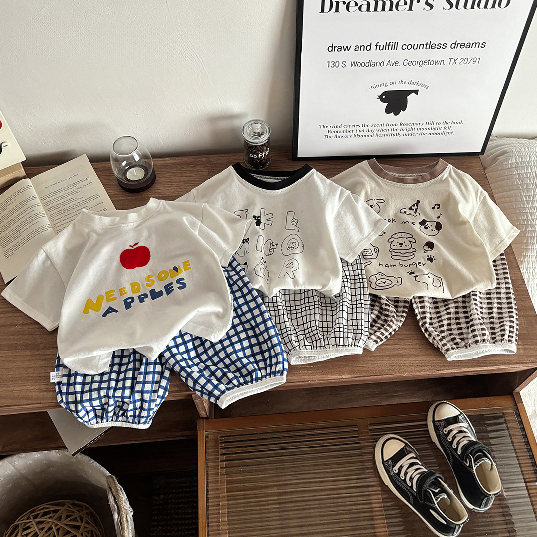 Children's Summer Suit Plaid Pants 1-7 Years Old New Korean Style Kidsren's Clothing Boys' Letter T-Shirt Girls' Shorts Two-Piece Set