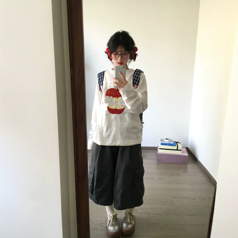Plus-size women's long-sleeve T-shirt, apple pony design, pure cotton, autumn wear, Korean style, unique and stylish base layer top