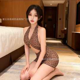 蝶雨情趣内衣性感透视豹纹辣妹深V美背夜店挂脖包臀裙露背家居服