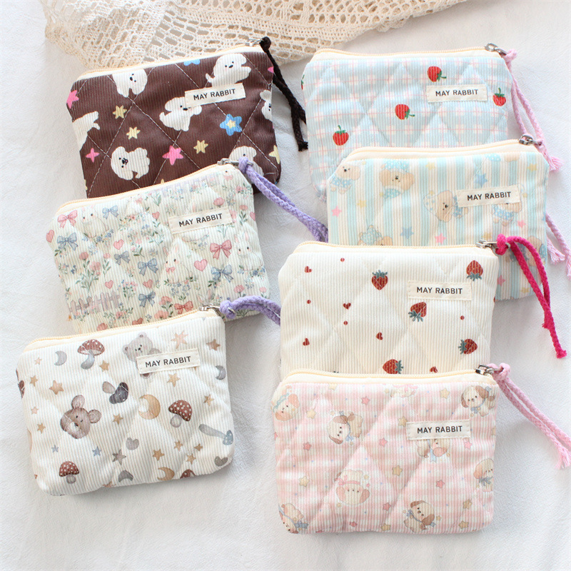 New Quilted Cartoon Print Portable Storage Bag, Cute Mini Travel Lipstick Bag, Large Capacity Miscellaneous Storage Bag