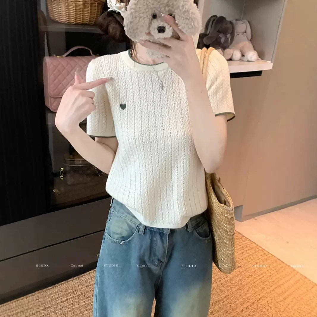 刺绣小爱心针织短袖t恤女2025夏季新款设计感撞色圆领短款上衣ins