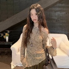 法式晕染斜领露肩长袖网纱恤女秋季新款不规则下摆修身上衣