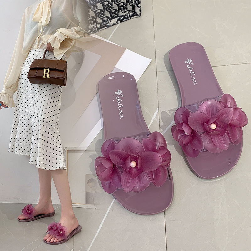New purple flower jelly transparent Korean style crystal sandals fashion women's outer wear non-slip slippers sandals New purple flower jelly transparent Korean style crystal sandals fashion women's outer wear non-slip slippers sandals