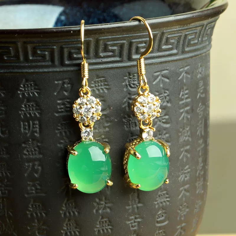 古典耳环新中式水滴耳坠帝王绿玉髓国风长款耳钉气质复古风耳饰