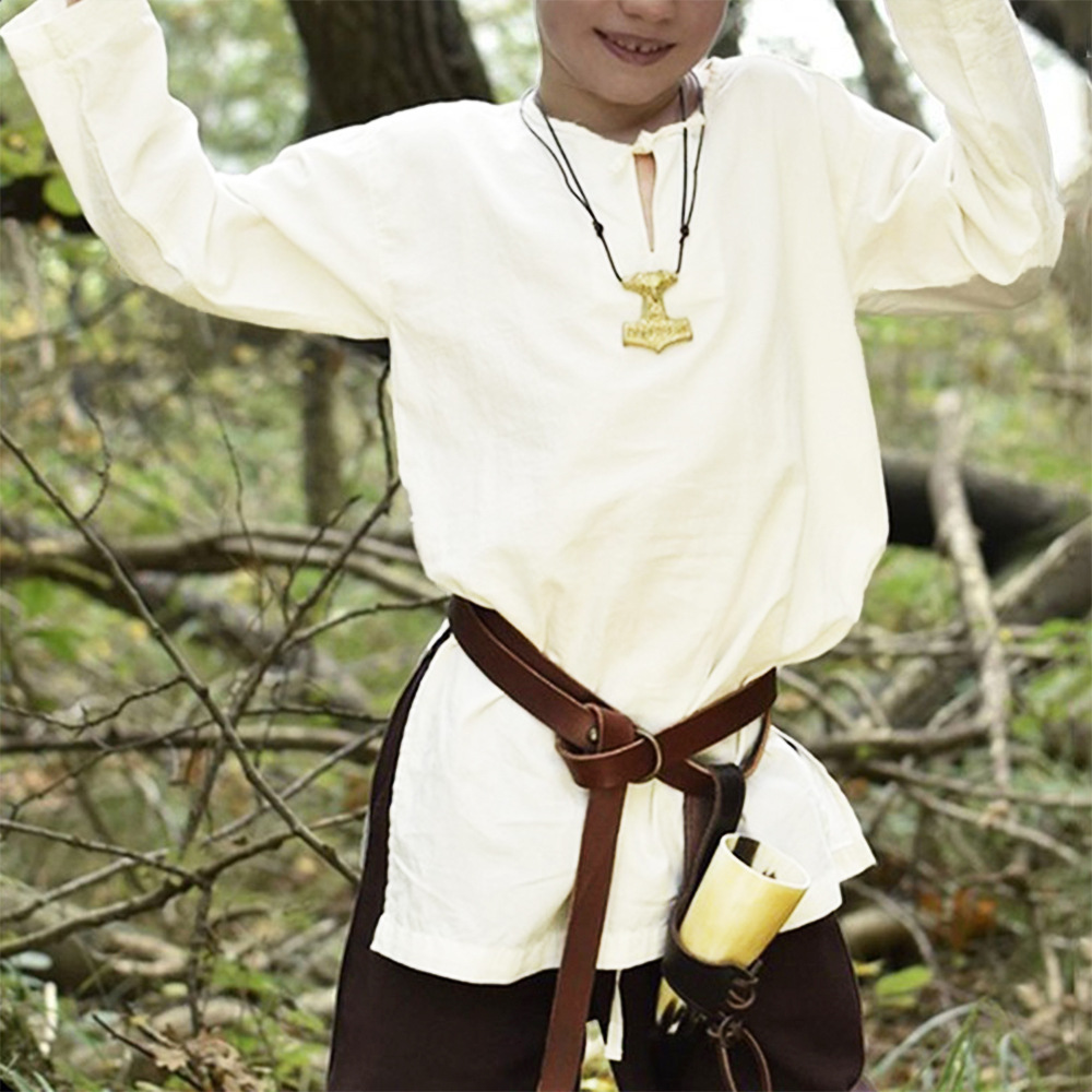 Medieval del muchacho camisa de lino cuello redondo cintura delgada túnica casual retro verano suelta top