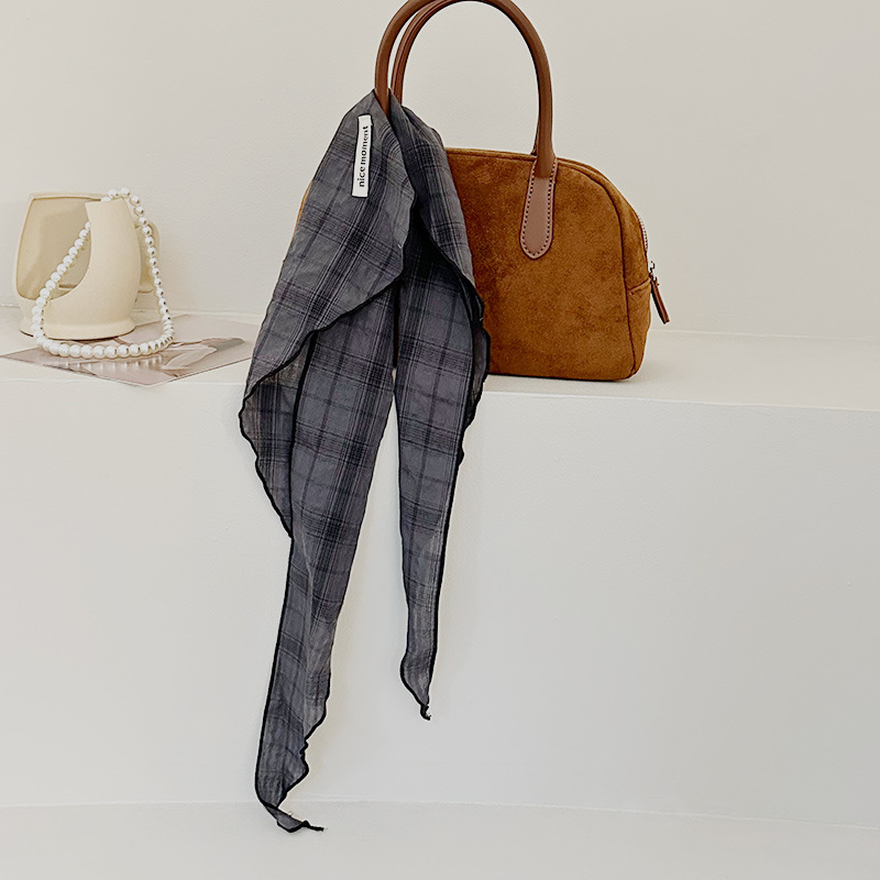 Bufanda triangular para mujer, estilo fino de primavera y verano, bufanda de seda literaria retro, bufanda para el cuello, pañuelo japonés a cuadros de algodón y lino, cinturón para el cabello, cabello atado