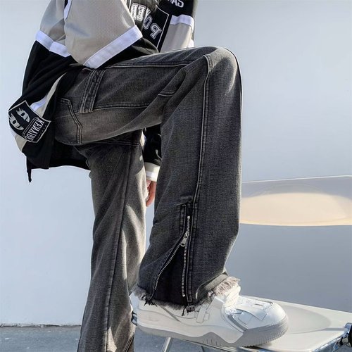 Oversize American-style zipper jeans for men, spring new arrival straight-leg micro-flare pants, high street vibe trendy brand