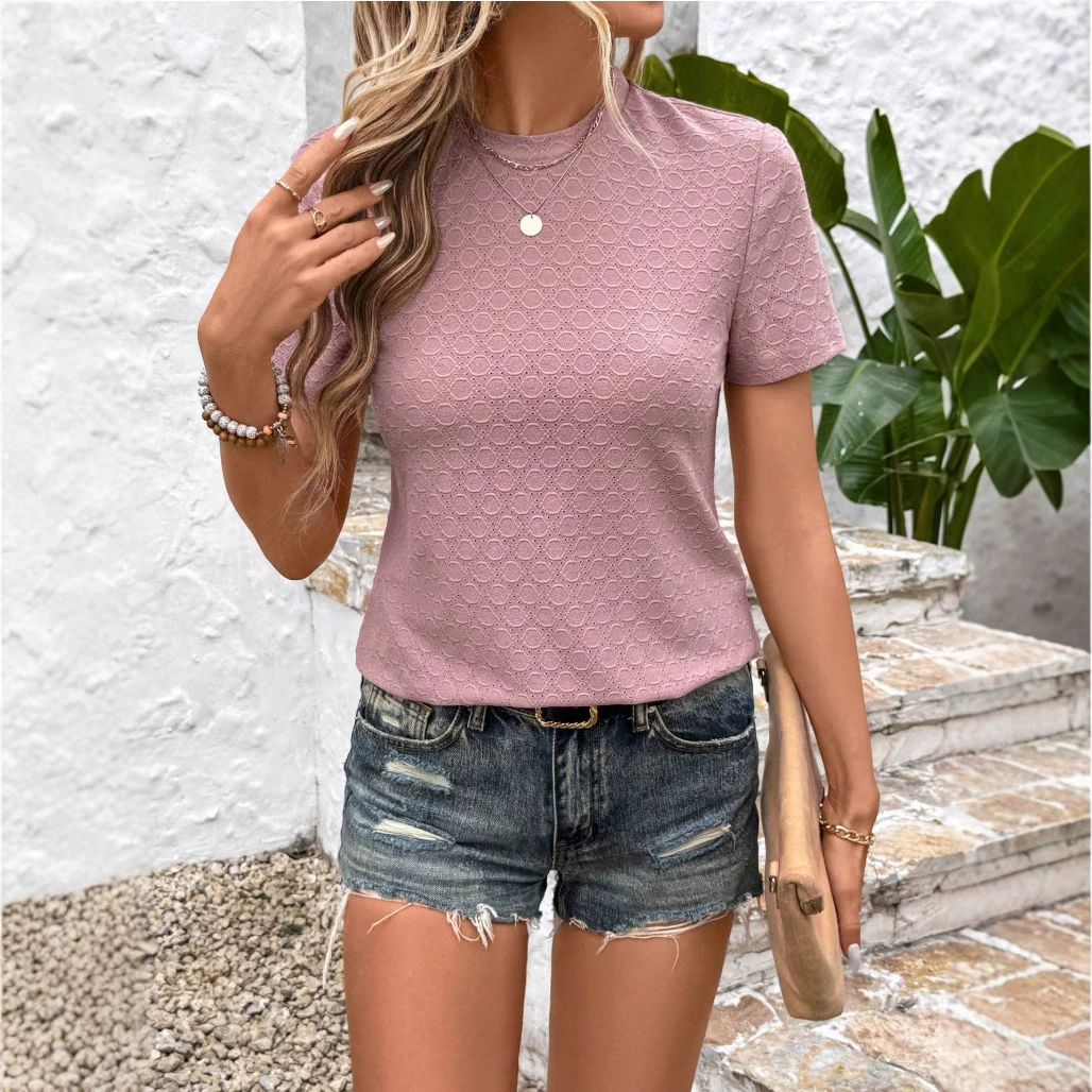Летняя женская футболка с круглым вырезом и кружевным жаккардовым узором, короткий рукав, Amazon 2025, трансграничная доставка