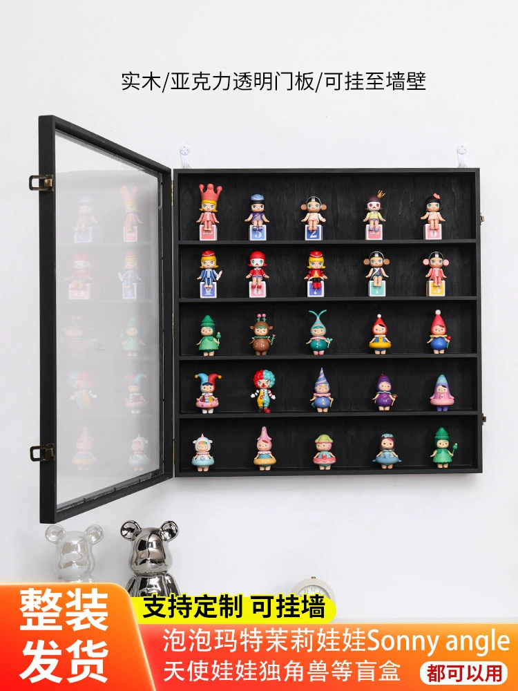 Настенный шкаф для кукол из массива дерева с дверцей, изготовленный на заказ ящик для хранения глухой фигуры B, ящик для хранения кукол, черная выставочная стойка.