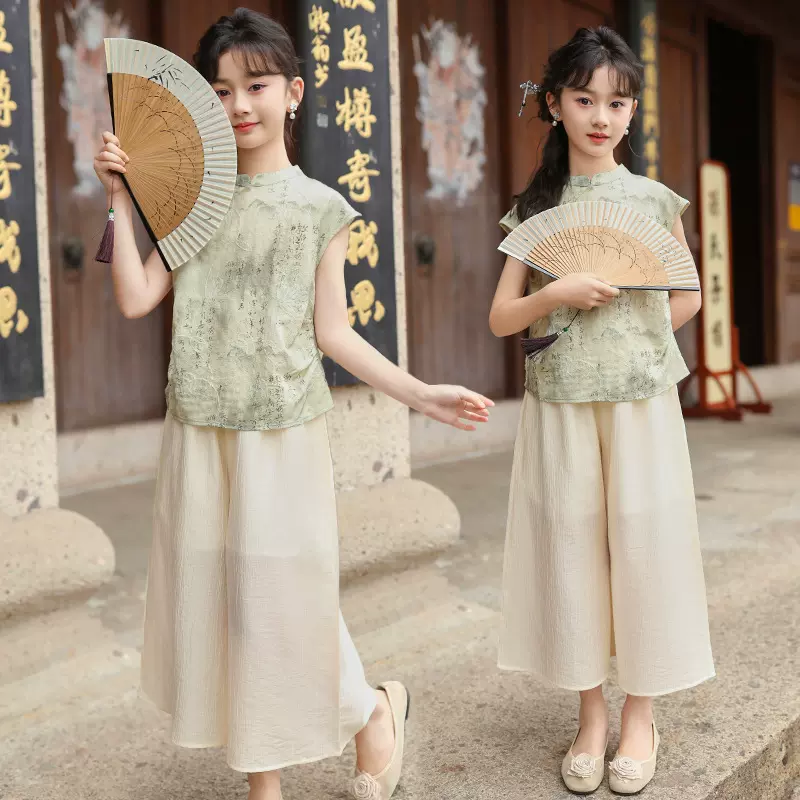女童新中式套装复古中国风无袖上衣阔腿裤洋气时髦女孩夏装防蚊裤
