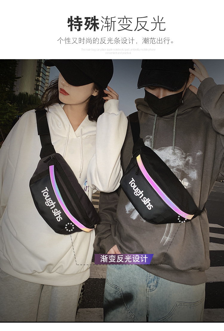 Wholesale of new men's and women's trendy waist bags, outdoor laser reflective chest bags, fashionable street crossbody bags and sports waist bags Item Picture
