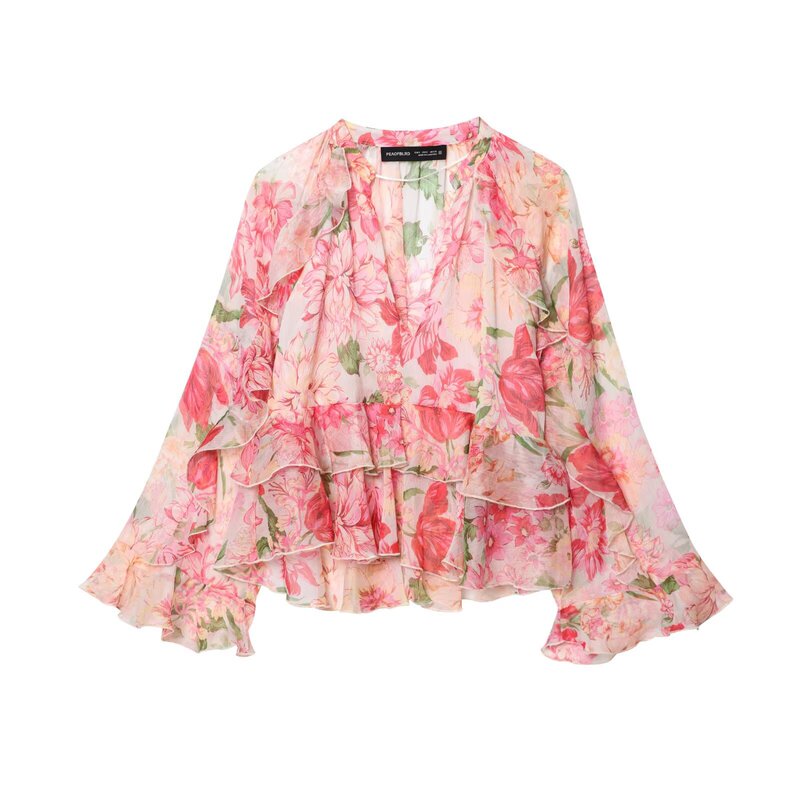 V-Neck Layered Decorative Printed Chiffon Long-Sleeved Shirt European and American Wholesale 2025 New Summer Women's Clothing with Versatile Elegant