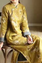 撤回剪标尾单秋冬中式苎麻加绒宽松改良印花旗袍连衣裙文艺复古袍