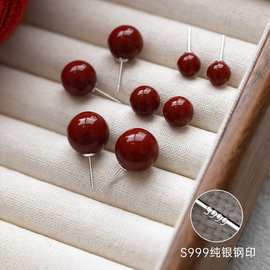 陈十七 999纯银安可拉红色珍珠耳钉女正圆高级感复古气质耳饰代发