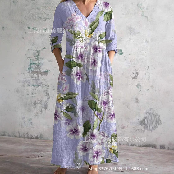 2025 foreign trade cross-border new European and American 3d printing Amazon European and American summer leisure loose long sleeve dress