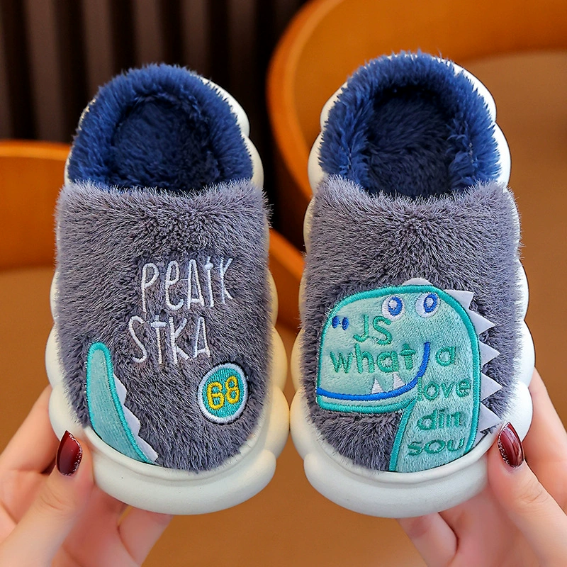 Детские хлопковые тапочки, осенне-зимние Нескользящие домашние теплые плюшевые хлопковые тапочки с милым динозавром для мальчиков