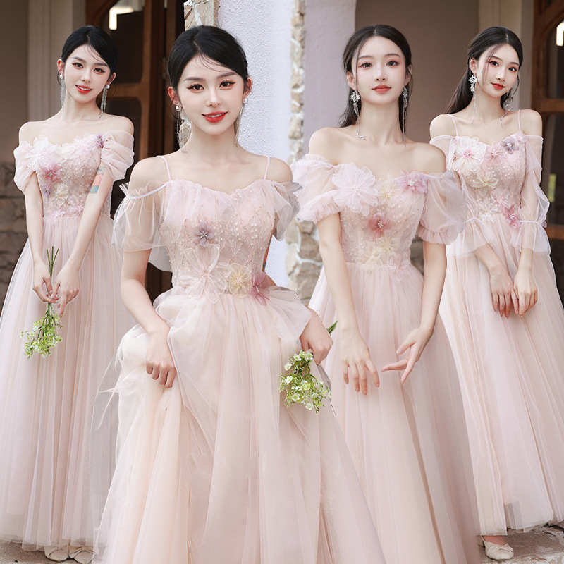 Bridesmaid Dress with Fairy-Like Elegance, 2026 New Spring Pink Mid-Length Style, Sister Group Host Dress, High-End Feel for Women