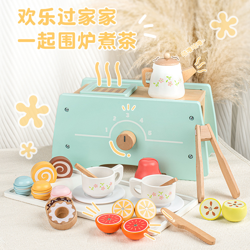 Bebé de 1 a 3 años, jardín de infantes, juego de té de simulación de madera, té de la tarde, postre, cocina, juguetes al por mayor