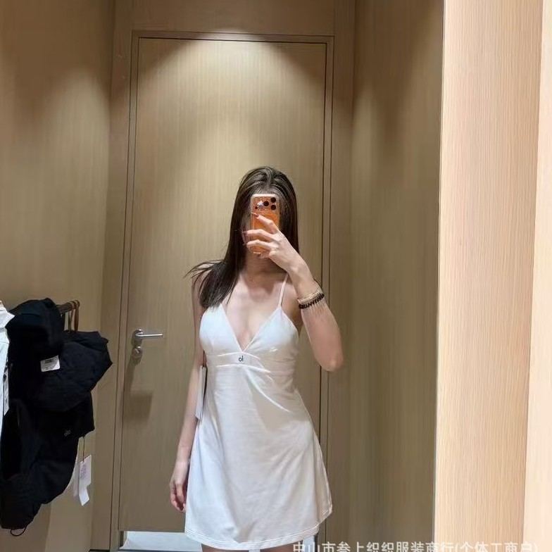 Al0 High-Quality European and American Style V-Neck Strap Yoga Dress with Chest Pads, Backless Quick-Dry Fitness Sports Dress for Women