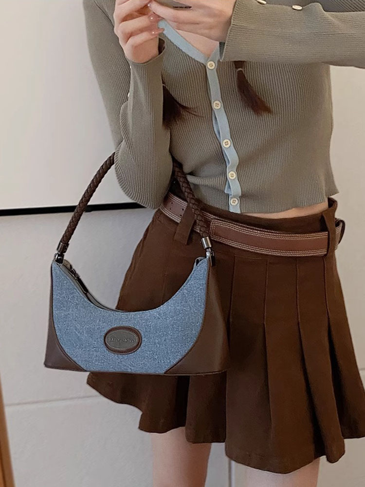 Denim Canvas Baguette Bag Women's Shoulder Bag 2025 New Niche Design Handheld Underarm Bag For Work And Commuting - Thumbnail 6