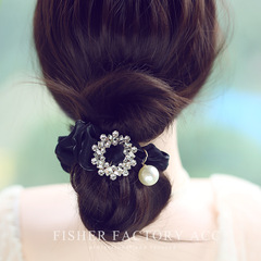 氣質玻璃方扣珍珠歐根紗大腸發圈髮飾頭繩高級感氣質扎馬尾皮筋