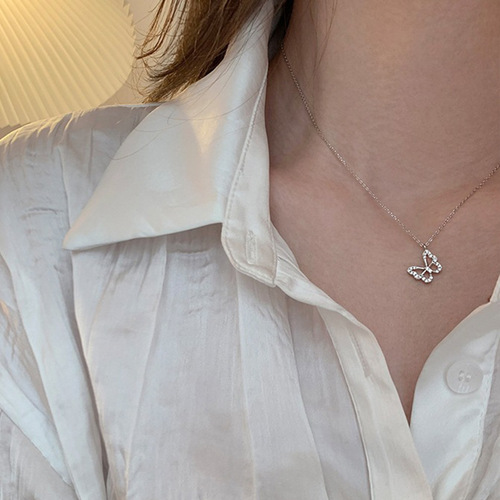 Korean-inspired Ins cool breeze trendy silver butterfly necklace, women's summer fresh niche design diamond choker