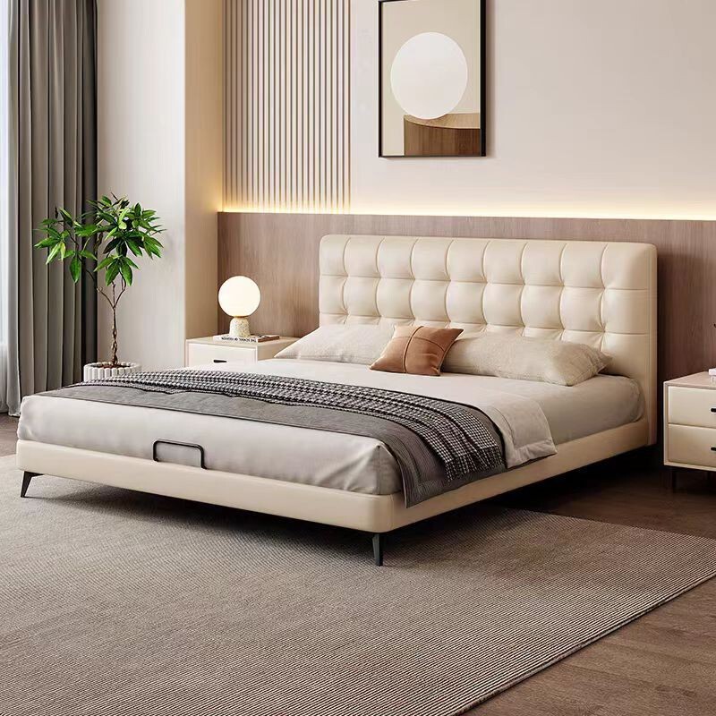 Italian-Style Minimalist Genuine Leather Bed for Master Bedroom, 1.8m Double Bed with down Cushion, Leather Art Bed, Light Luxury Solid Wood