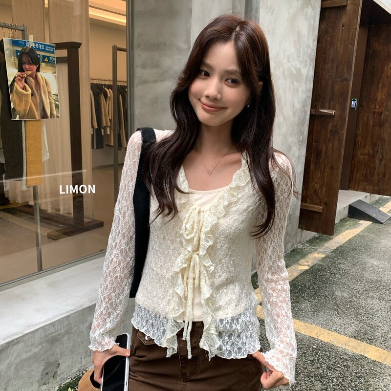 THE LIMON Lemon Green Tea 2026 Autumn French Ruffle Lace Top with Tie Detail for Women