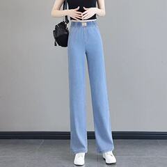 超薄天糸ストレートジーンズ女2025夏高腰涼感氷糸ゆるいサイズの小柄な狭いバージョンが広い