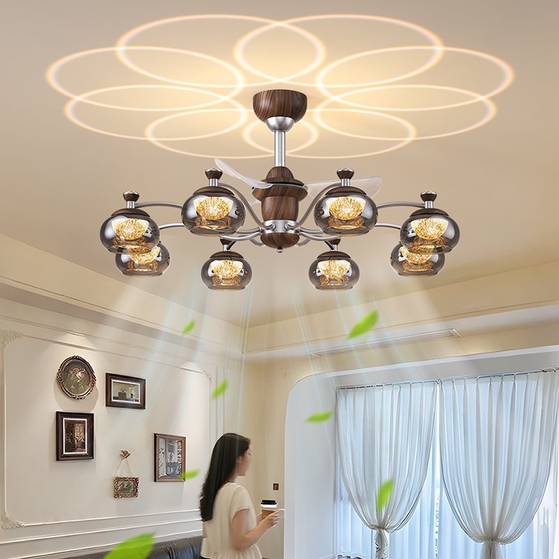 French Mid-Century Style Living Room Main Light, American Retro Bedroom Eye Protection Fan Light, Light Luxury Glass Restaurant Persimmon Light