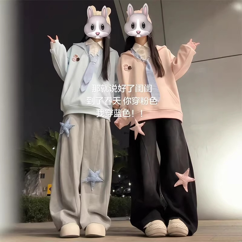 Korean-Style Patchwork Faux Two-Piece Shirt Polo Tie Hooded Sweatshirt for Women, Spring and Autumn Thin Loose Lazy Style Top