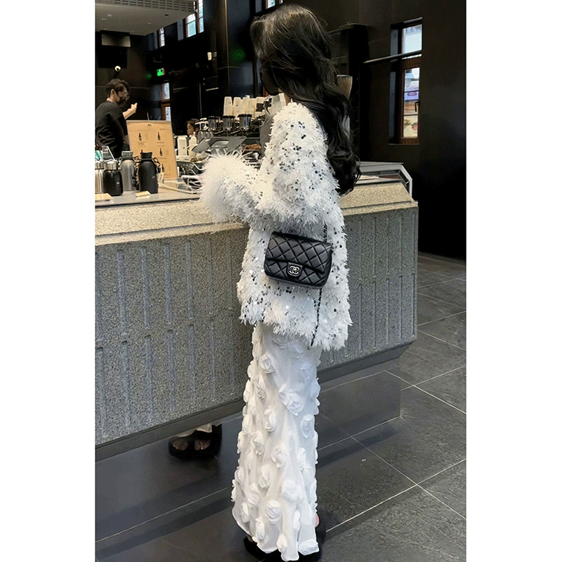 Модный костюм женский весенний дизайн волосатые манжеты перья блестки топ цветок рыбий хвост юбка бюст набор из двух частей