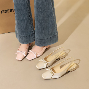 972-H152 Korean version shallow mouth square head hollow sweet women's shoes thick heel silk bow back strap low fol