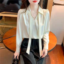 实拍2026新款设计感v领长袖雪纺衫飘带气质通勤早秋新款衬衣