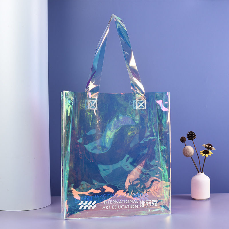 厂家批发pvc透明手提袋 炫彩镭射购物袋 广告礼品袋定 制彩印logo