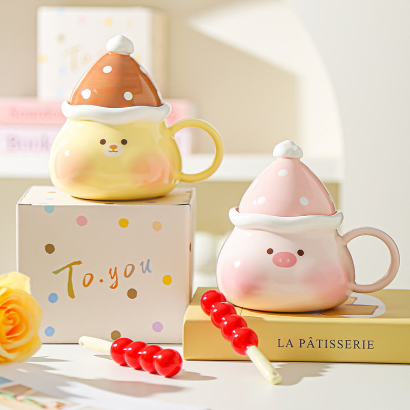 Creativo lindo caramelo haws dibujos animados cerdito cachorro taza cerámica taza con tapa regalo taza de agua taza de pareja