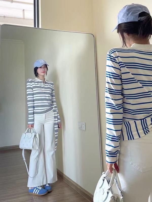 韩系polo领蓝条纹长袖t恤女秋季新款设计感小众气质减龄飘带上衣|undefined