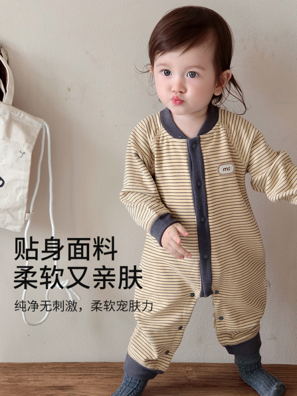 秋冬婴儿打底连体衣宝宝长袖哈衣春季无骨爬服初生儿条纹外出服|undefined