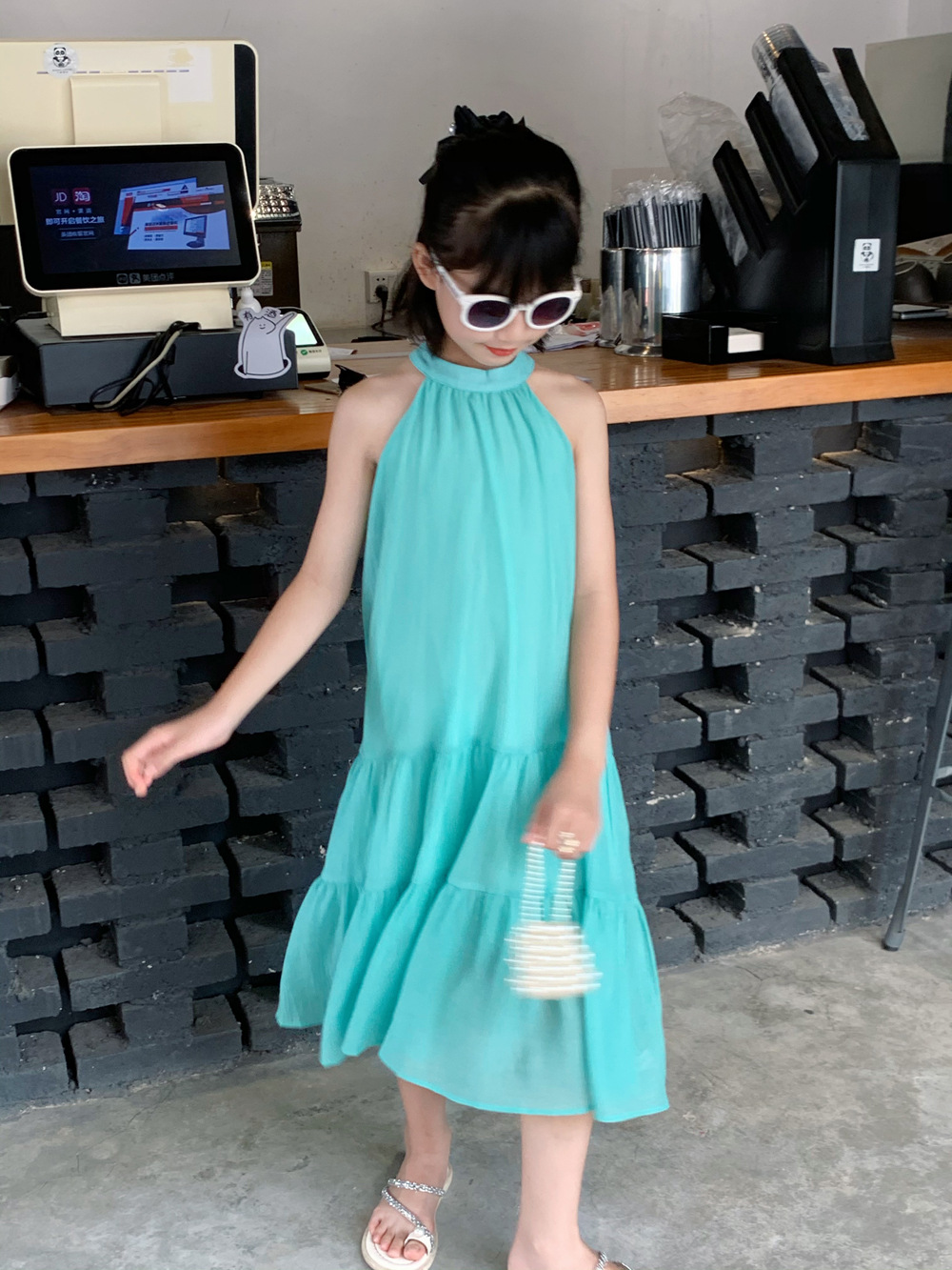 2024 summer new parent-child mother and daughter French mint green hanging neck dress Sanya beach vacation