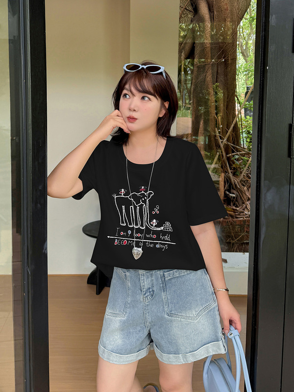 Aiyuan 2025 新しい大きいサイズの女性のファット mm 夏の気質ファッション漫画象ラウンドネック Tシャツ 9009|undefined