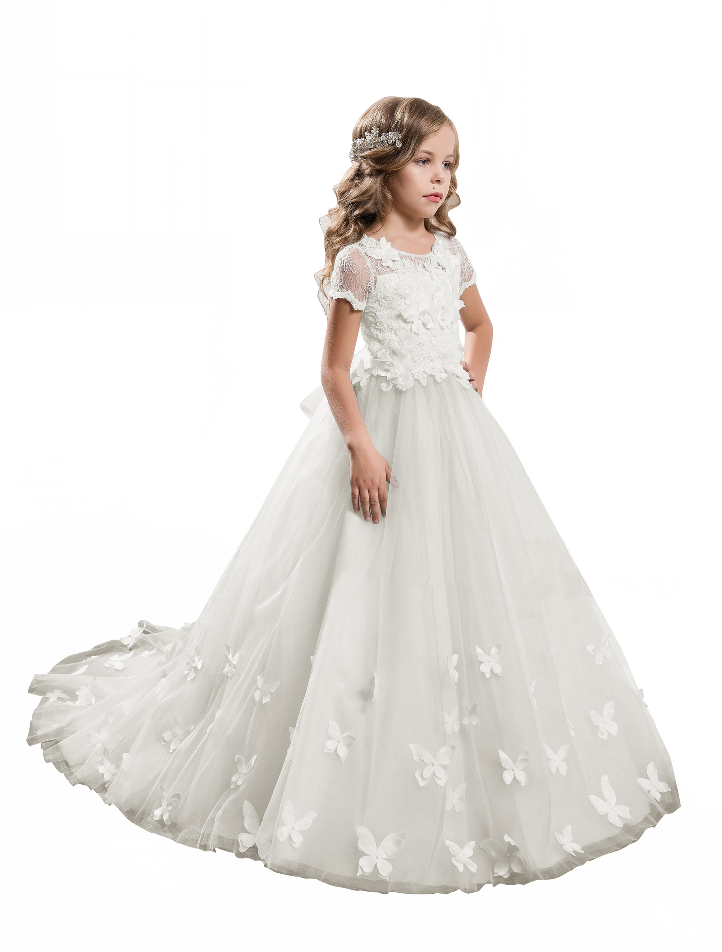 Transfronteriza europea y americana Comercio exterior nueva manga corta de encaje princesa estilo rendimiento bola arco flor niña vestido de novia vestido esponjoso