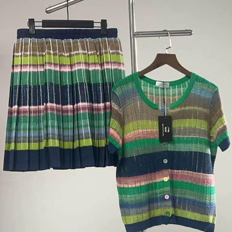 26 New Dopamine Knit Thin Short-Sleeved Cardigan + Short Skirt Set