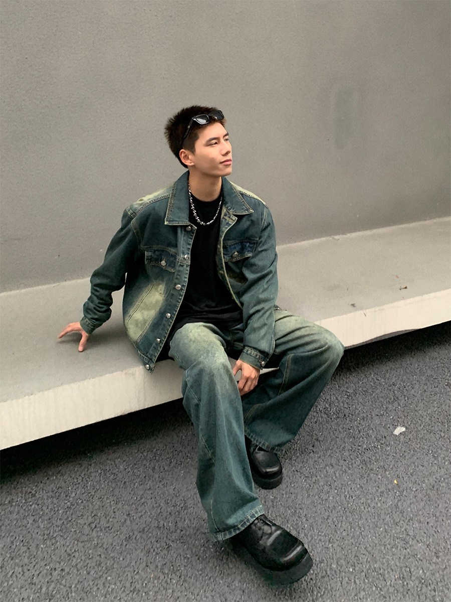 2023 marca de moda americana retro Denim coat hombres primavera moda guapo suelta chaqueta de moda de dos piezas