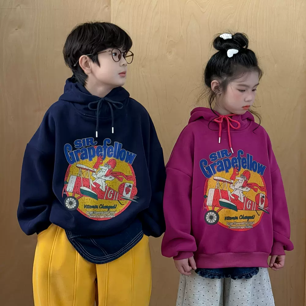 末小蒙童卫衣2026冬季男女童韩版字母加绒卫衣儿童连帽休闲上衣