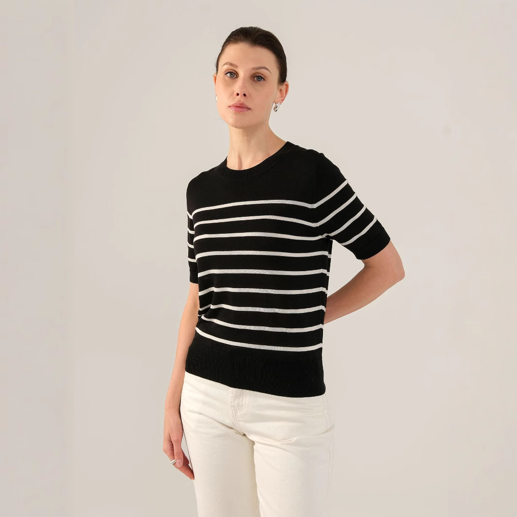 Round Neck Classic Stripesd Knitted Short-Sleeved 2025 Spring and Summer New Women's Casual Short Thin Pullover Top
