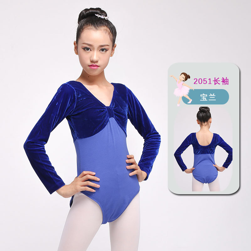En stock de manga larga de primavera y otoño ropa de ballet ropa de práctica de una sola pieza para niños ropa de baile para niñas de terciopelo dorado ropa de clasificación de gimnasia